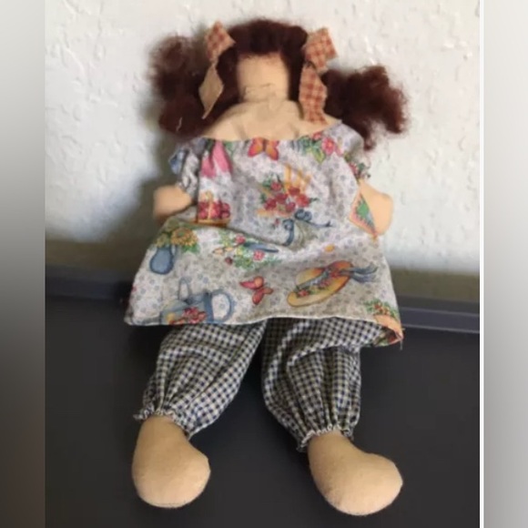 primitive Handmade Country Girl 10” Rag Doll With A Flowers & Seed Dress - Picture 4 of 4